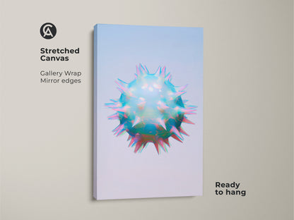 Stretched canvas print of abstract geometric cell art. This gallery-wrapped canvas features a mirror edge. The iridescent teal blue and pink colors create a modern aesthetic. It is ready to hang.