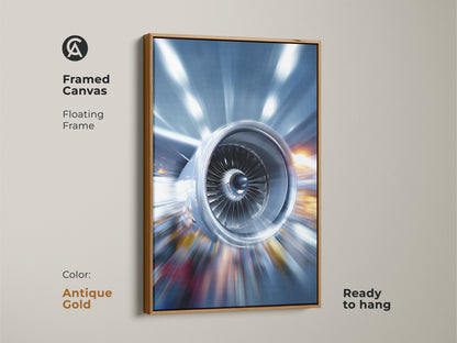 Framed canvas print of abstract jet engine artwork with an antique gold frame. This industrial art piece features a striking metallic blue color palette. The ready-to-hang artwork is perfect for adding a high-tech touch. Ideal for aviation enthusiasts and modern decor.