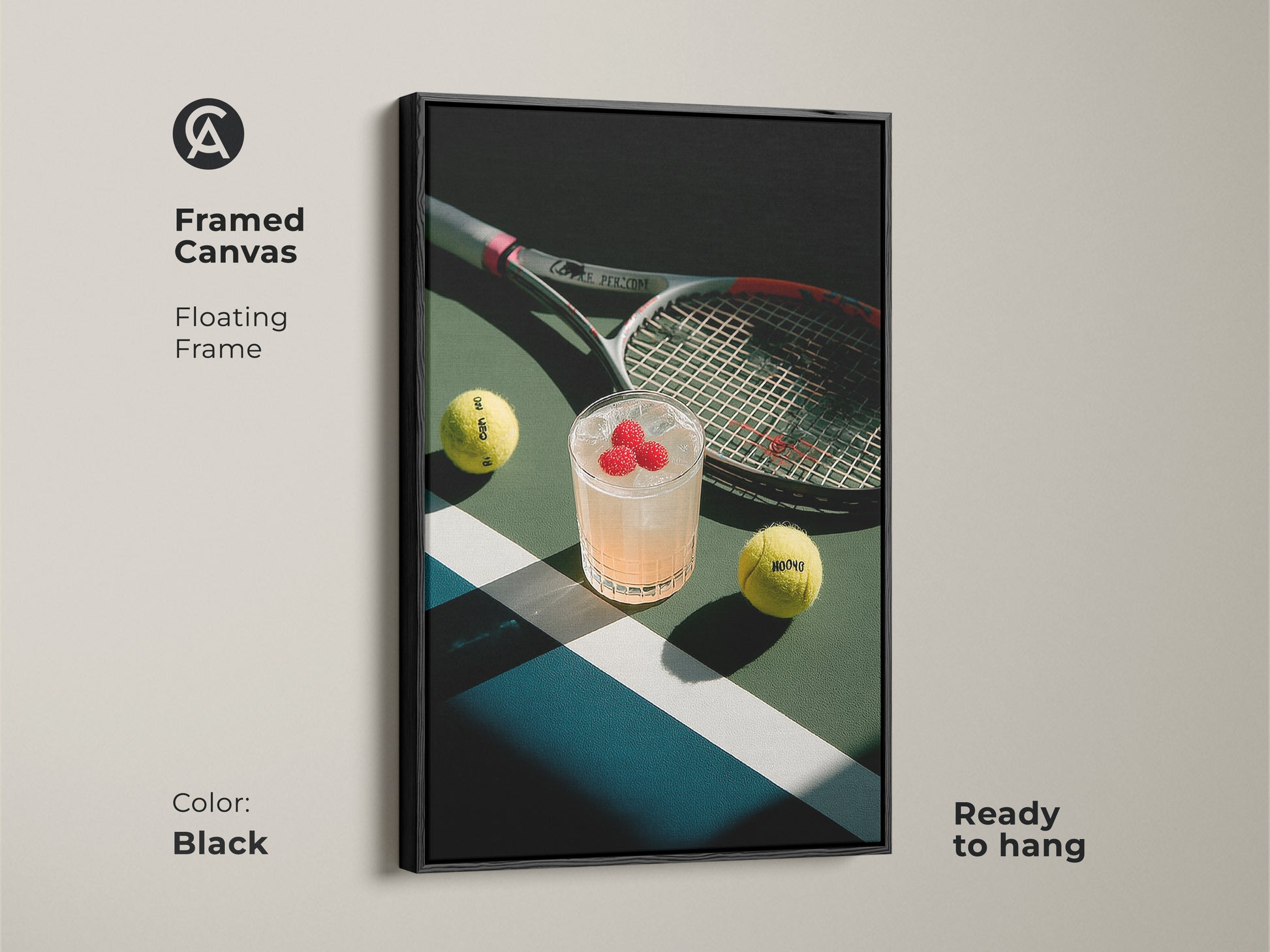 Framed canvas art with a floating frame in black. The artwork displays a tennis court cocktail tennis balls and racket. This framed piece is ready to hang and adds a touch of elegance to your space.
