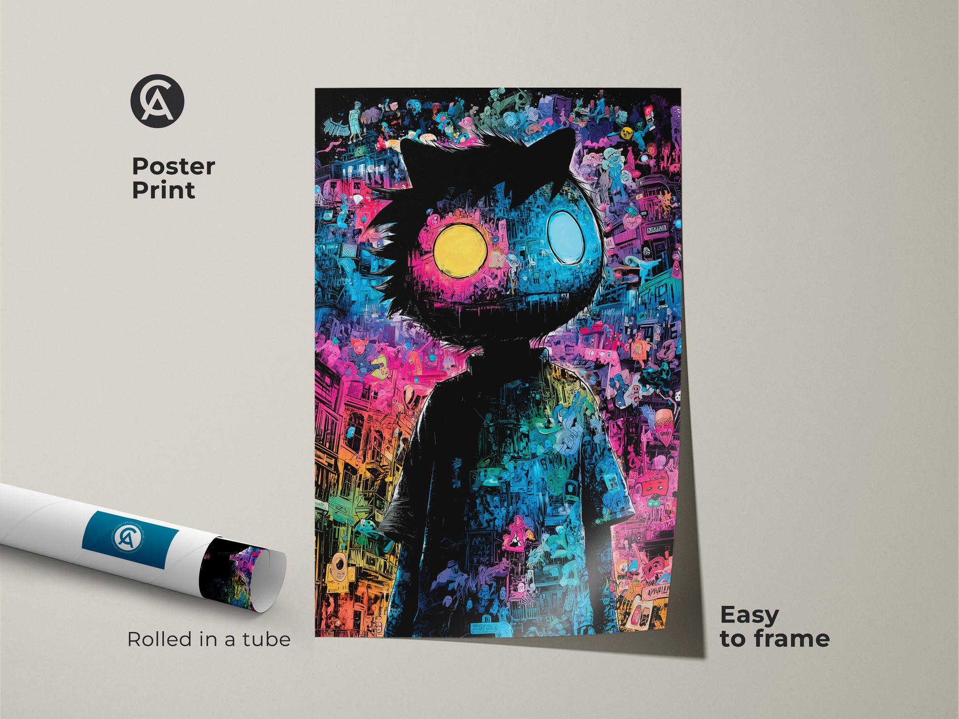 Poster print features a fun character with a yellow and blue mismatched eyes. Rolled in a tube for protection this art is easy to frame. The design adds a playful touch to any space. Ideal for kids rooms or any art enthusiast.