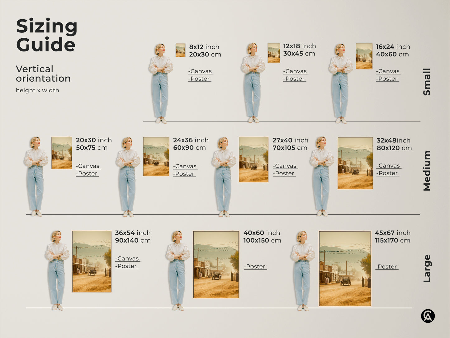 Sizing guide for vertical orientation artwork. This sepia toned western town scene is available in canvas and poster prints. Sizes range from small 8x12 inch to large 45x67 inch. Visualize the perfect fit for your space with our easy to use sizing guide. Find the ideal size for your art print today.