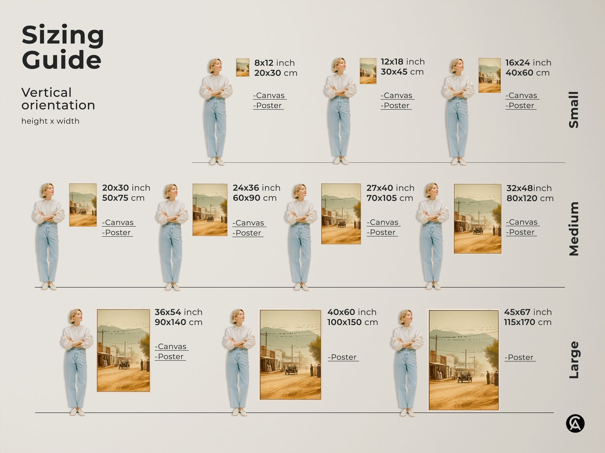 Sizing guide for vertical orientation artwork. This sepia toned western town scene is available in canvas and poster prints. Sizes range from small 8x12 inch to large 45x67 inch. Visualize the perfect fit for your space with our easy to use sizing guide. Find the ideal size for your art print today.
