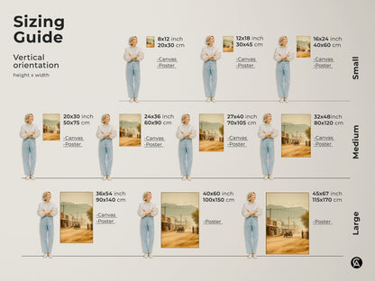Sizing guide for vertical orientation artwork. This sepia toned western town scene is available in canvas and poster prints. Sizes range from small 8x12 inch to large 45x67 inch. Visualize the perfect fit for your space with our easy to use sizing guide. Find the ideal size for your art print today.