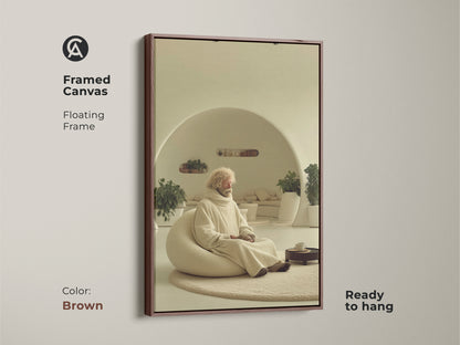 The framed canvas portrays an elderly man in meditation. The floating frame has a warm brown tone to the art. A wonderful piece of zen figure wall art ready to hang. The beige cream color promotes spiritual calm. This soft color palette art brings a unique warmth to any room