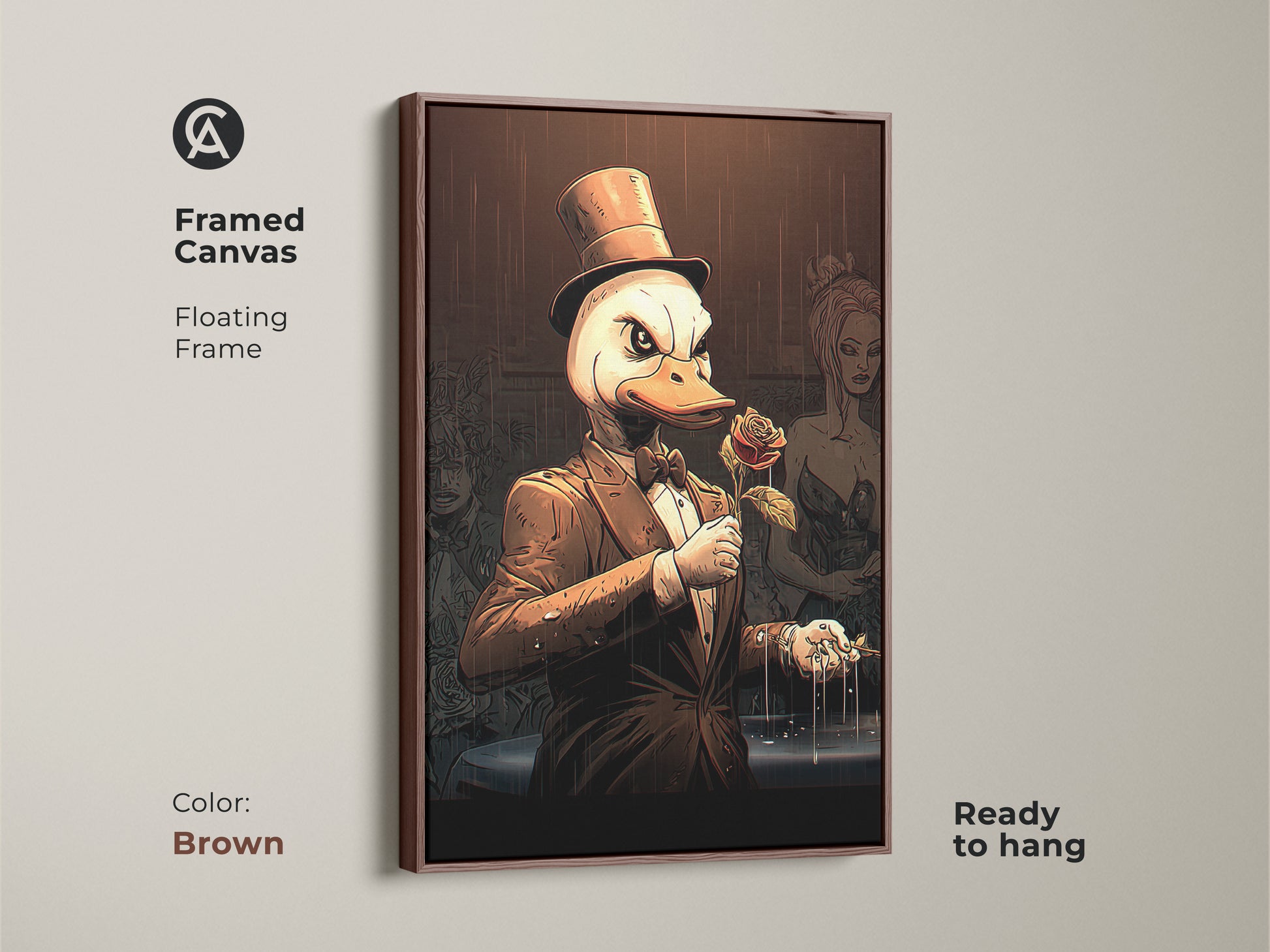 This framed canvas has a floating frame in brown. The top hat duck artwork is ready to hang. The artistic animal wall art features a rose holding duck canvas. This is unique office wall decor.