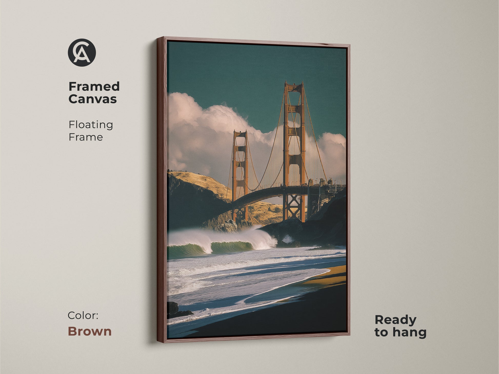 Framed Golden Gate Bridge canvas with a brown floating frame. Coastal home decor featuring ocean waves. This San Francisco art is ready to hang. Perfect for living room canvas decor.