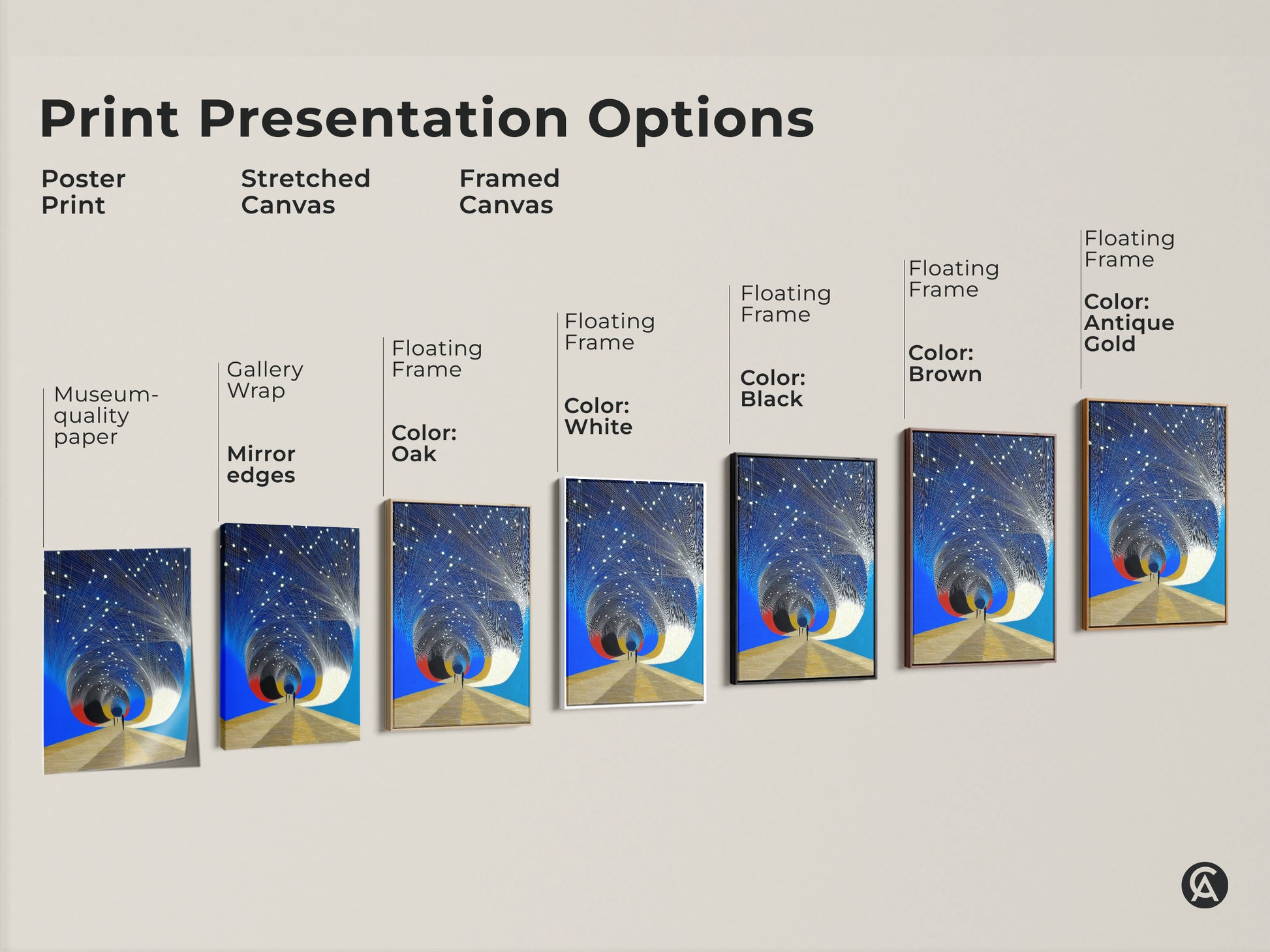 Explore print presentation options. The poster print on museum-quality paper offers gallery wrap and floating frame choices. Select the ideal finish for your abstract geometric art.