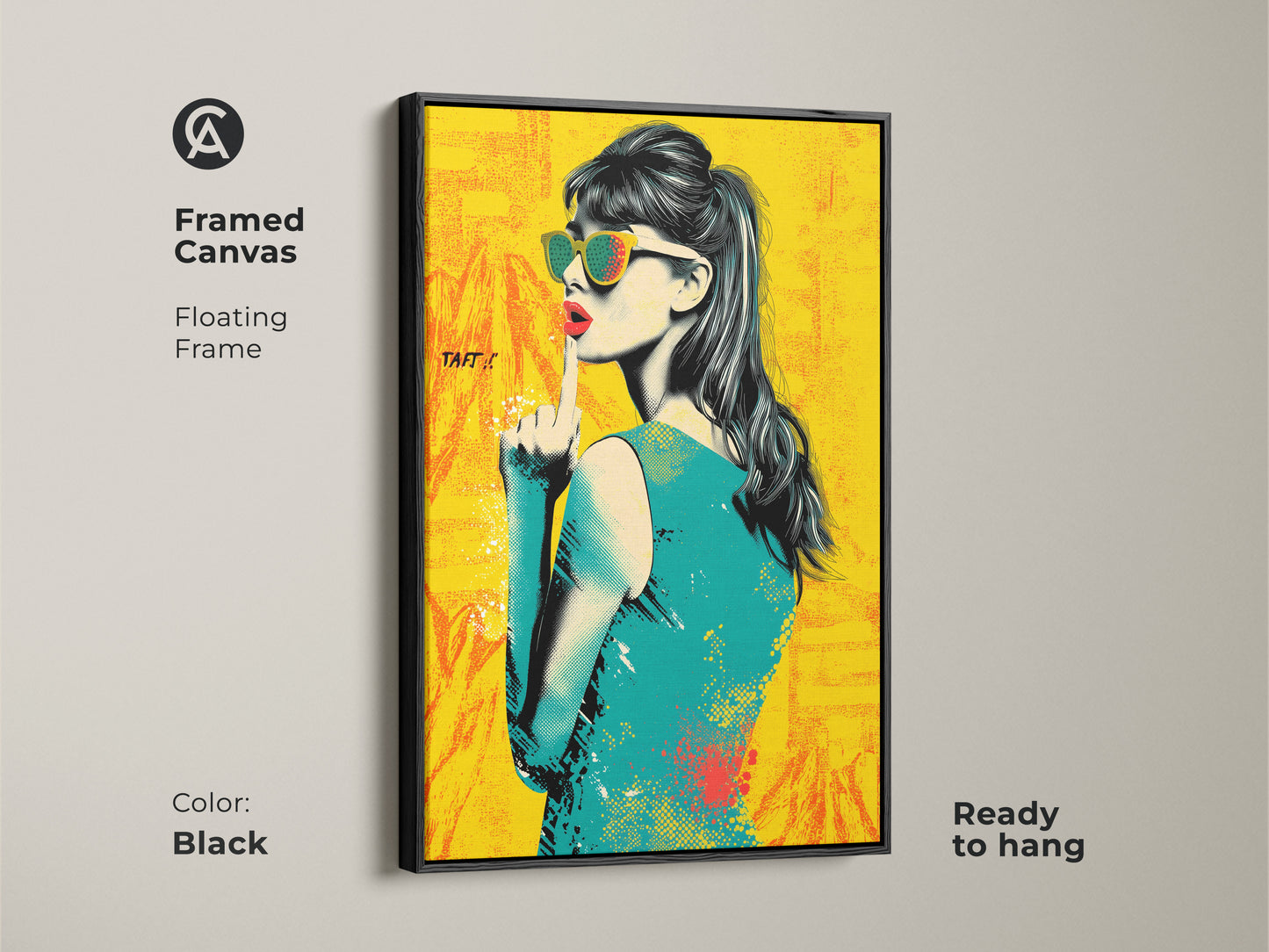 Framed canvas of a pop art woman. It has a black floating frame and is ready to hang. This eclectic fashion decor features a retro style. The yellow orange and teal artwork will make a statement in any entryway. It is a unique piece of art.