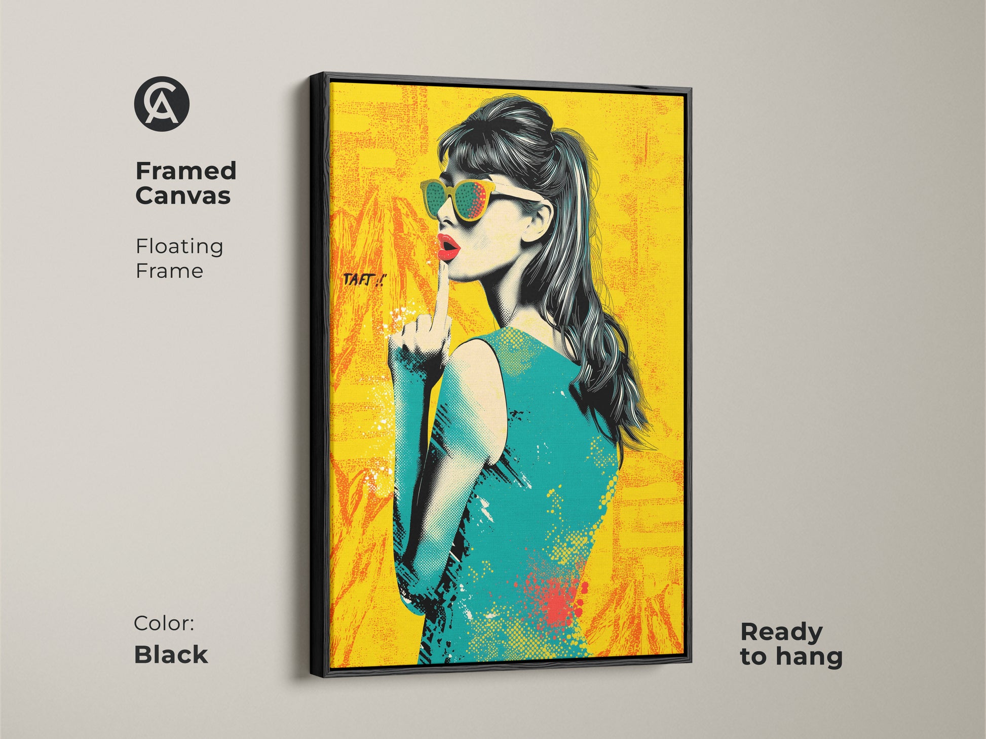 Framed canvas of a pop art woman. It has a black floating frame and is ready to hang. This eclectic fashion decor features a retro style. The yellow orange and teal artwork will make a statement in any entryway. It is a unique piece of art.