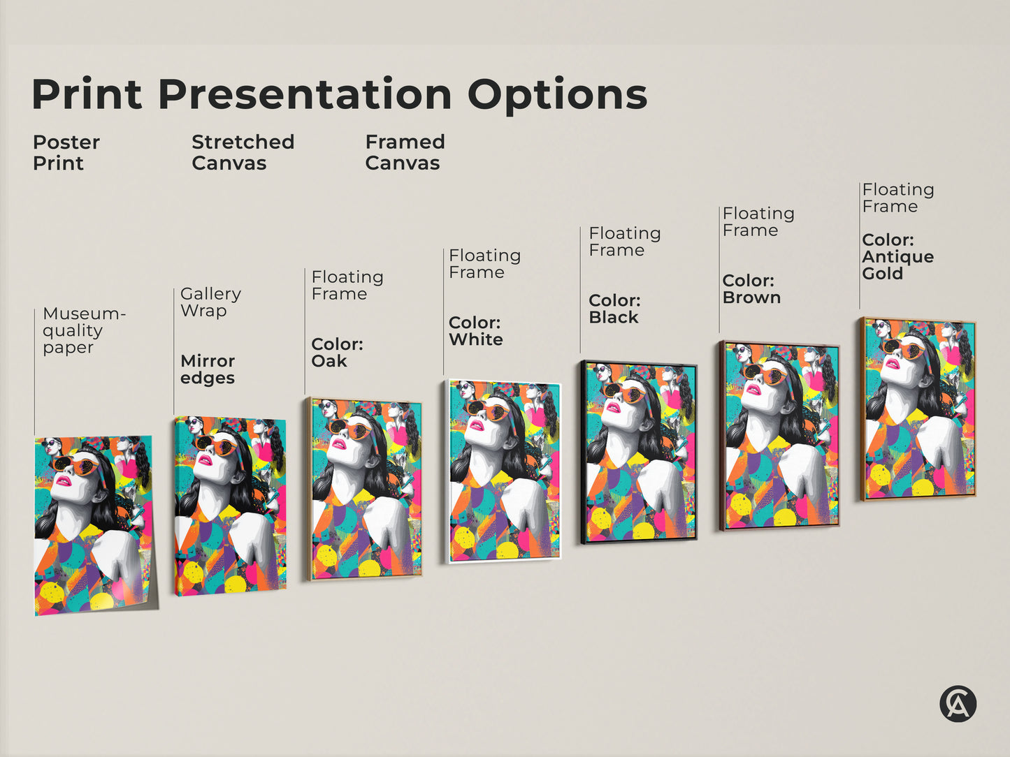 Print presentation options for the pop art woman with sunglasses. Choose from poster print stretched canvas or framed canvas. Multiple frame colors and styles are available. Find the perfect fit today.
