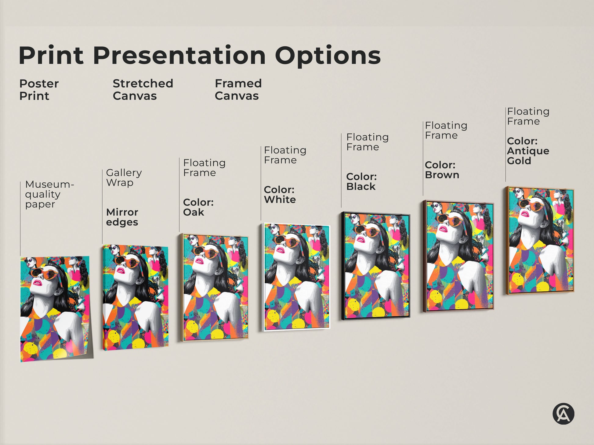 Print presentation options for the pop art woman with sunglasses. Choose from poster print stretched canvas or framed canvas. Multiple frame colors and styles are available. Find the perfect fit today.