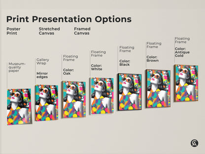 Print presentation options for the pop art woman with sunglasses. Choose from poster print stretched canvas or framed canvas. Multiple frame colors and styles are available. Find the perfect fit today.