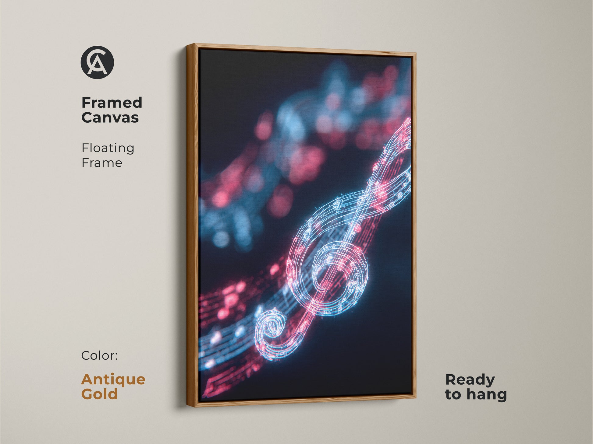Framed music-themed artwork with an antique gold floating frame. This canvas print features a neon treble clef and musical notes in electric blue and red. A contemporary piece ready to hang.