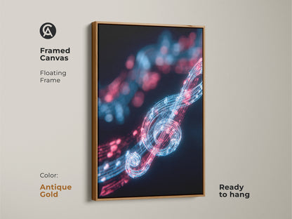 Framed music-themed artwork with an antique gold floating frame. This canvas print features a neon treble clef and musical notes in electric blue and red. A contemporary piece ready to hang.