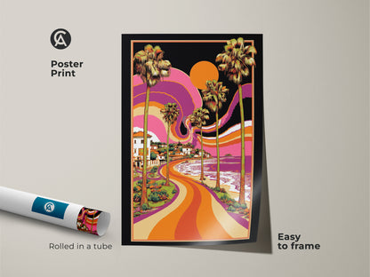 Easy-to-frame poster print of retro beach art. This colorful beach scene art shows a vibrant palm print and artistic ocean canvas. Rolled in a tube for safe shipping. A unique tropical art for funky home decor or as a summer beach poster.