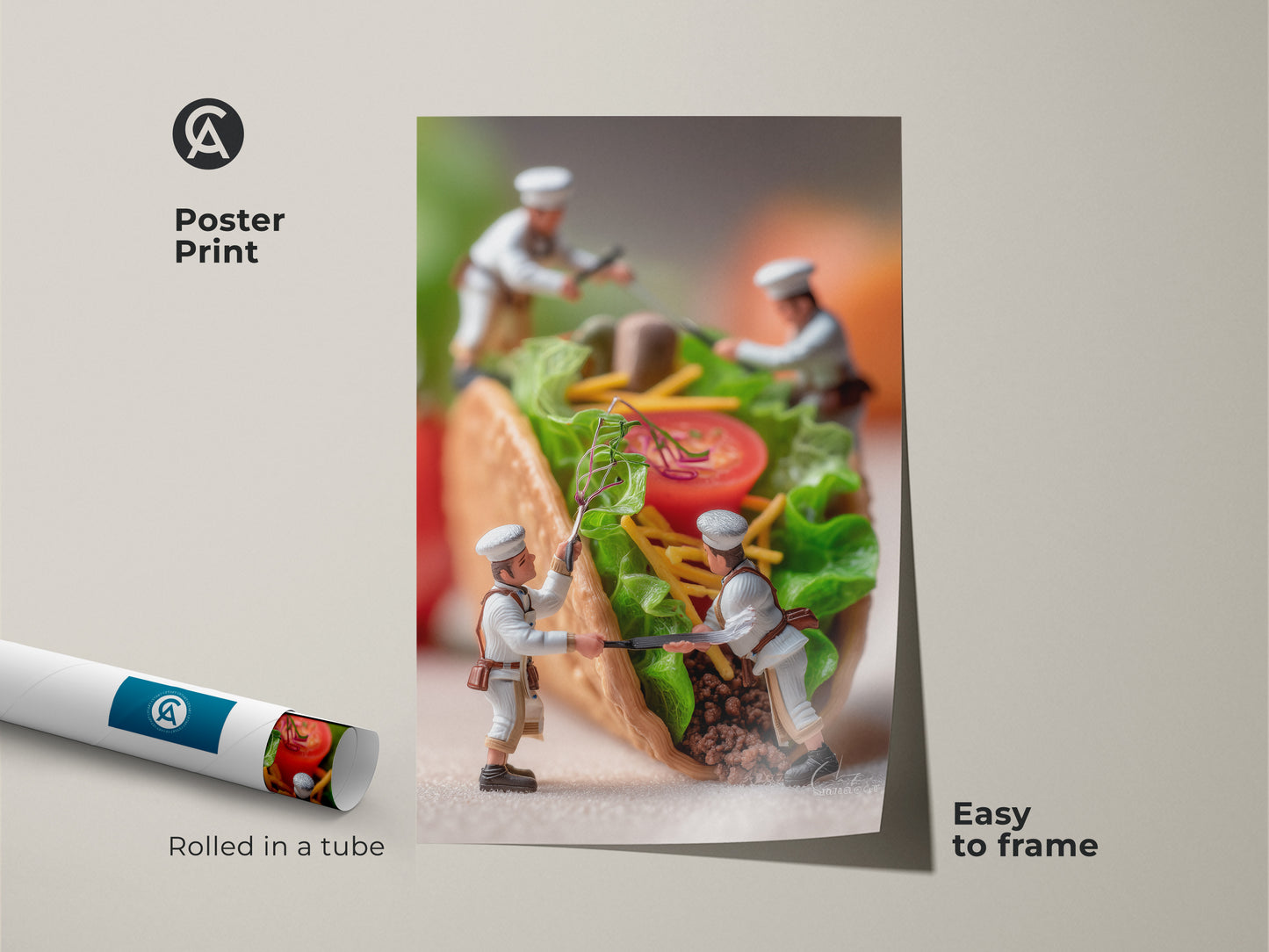 Poster print of miniature chefs crafting a taco. This easy to frame art is rolled in a tube. It offers a fun fresh take on food art. Ideal for adding a playful touch to your decor. Shop now for unique prints.