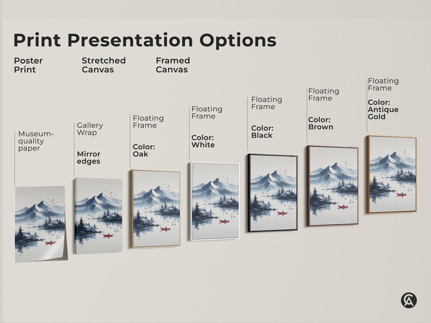 Explore print presentation options for ink wash mountain lake art. Choose from poster prints stretched canvas or framed canvas. Each option showcases the Scandinavian nature landscape. Find the perfect style for your peaceful home decor with a red boat accent.