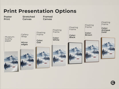 Explore print presentation options for ink wash mountain lake art. Choose from poster prints stretched canvas or framed canvas. Each option showcases the Scandinavian nature landscape. Find the perfect style for your peaceful home decor with a red boat accent.