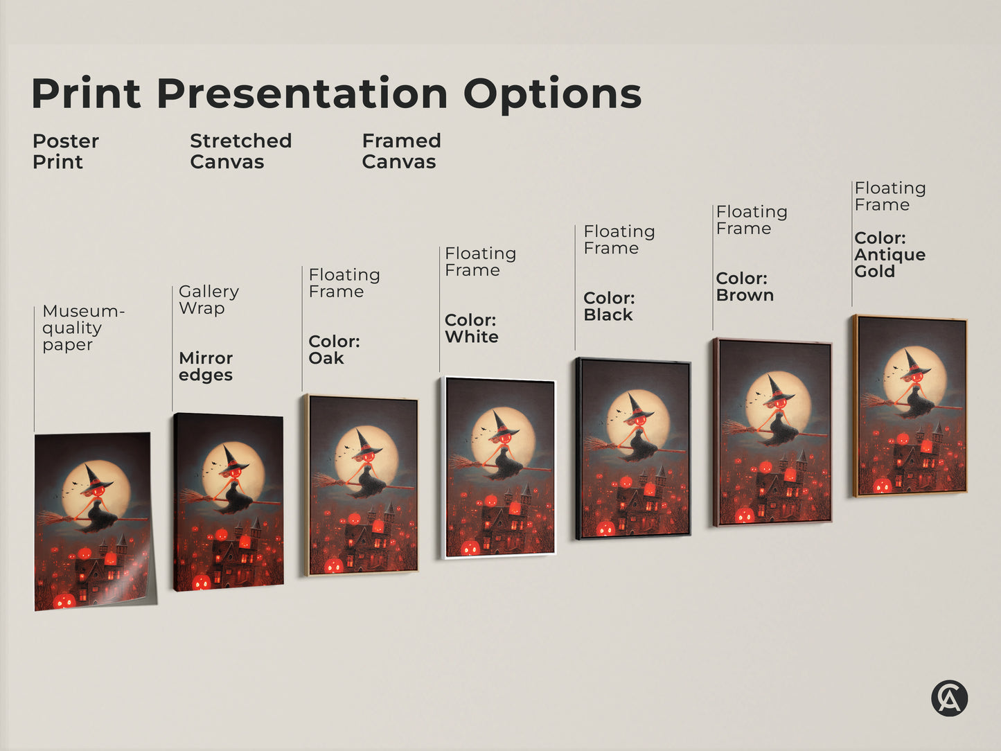 Print presentation options for Halloween witch art. Choose from poster print stretched canvas and framed canvas. Various floating frame colors available. Get dark fantasy canvas art for a spooky touch.  Museum-quality paper and mirror edges.
