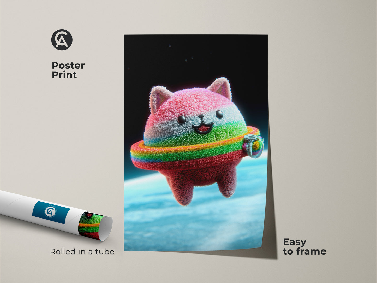 A poster print displays a Kawaii Cat Astronaut with a rainbow ring. The cute space cat wall decor is perfect for a kids room. This whimsical animal artwork is easy to frame and adds a touch of fantasy feline space art. It is a colorful cosmic cat print for dreamy nursery decor.