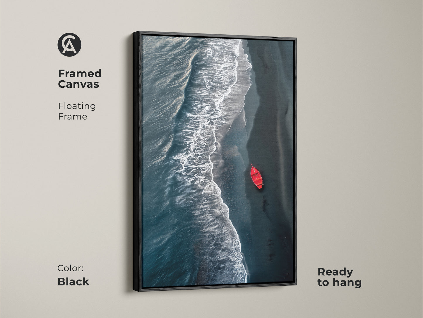 Framed canvas of aerial coastal waves. The floating frame enhances the deep teal beach wall decor. This minimalist red boat artwork is ready to hang. A modern seascape print brings coastal serenity to any room. Black frame.