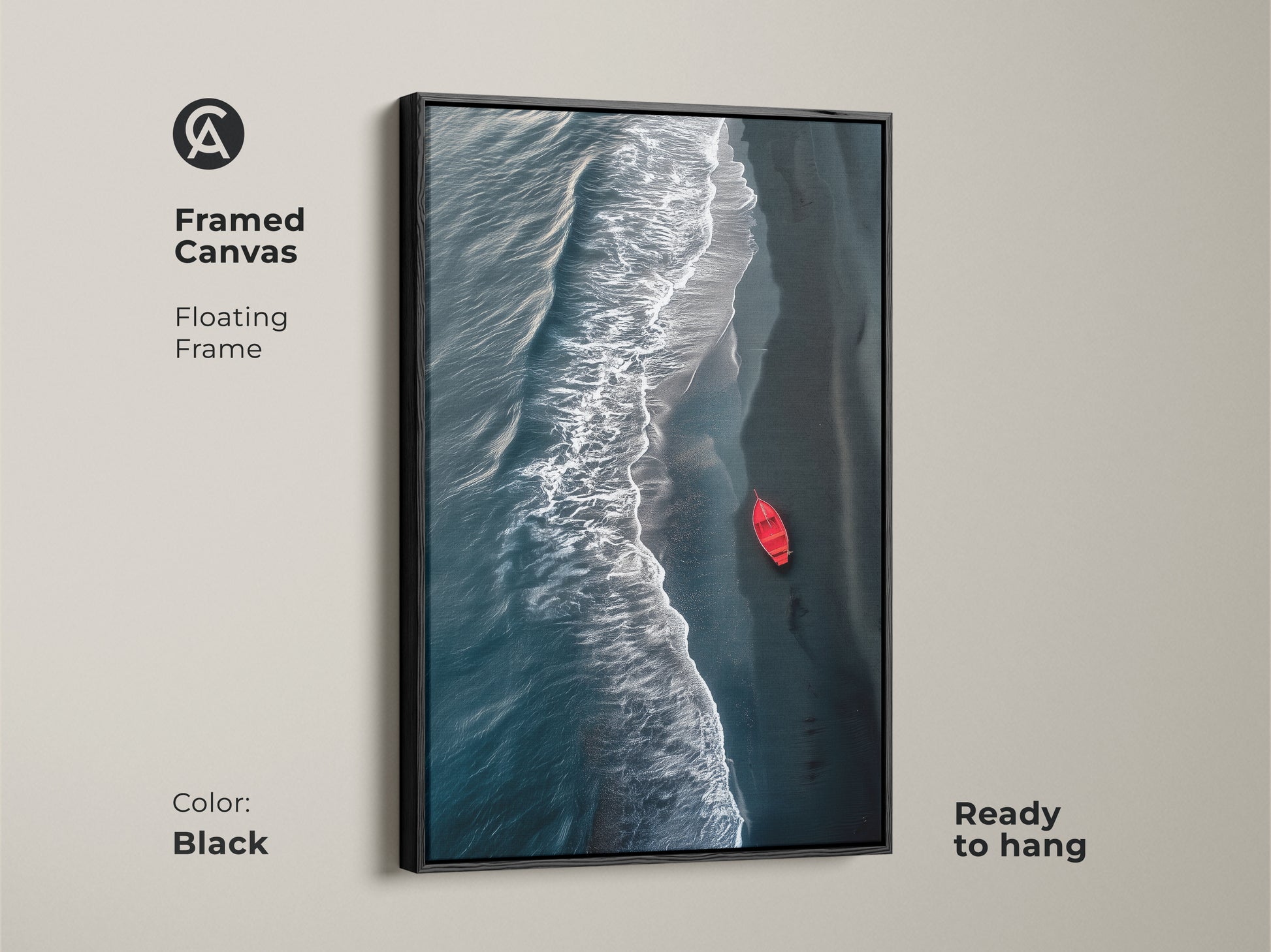 Framed canvas of aerial coastal waves. The floating frame enhances the deep teal beach wall decor. This minimalist red boat artwork is ready to hang. A modern seascape print brings coastal serenity to any room. Black frame.