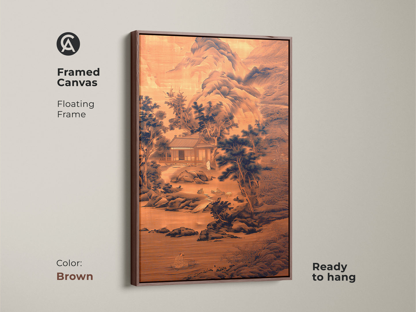 Brown framed canvas featuring floating frame with ink wash mountain art. Sepia and navy tones create traditional Asian wall decor. Ready to hang zen meditation artwork makes a great housewarming gift. Ideal for study room office or traditional home.