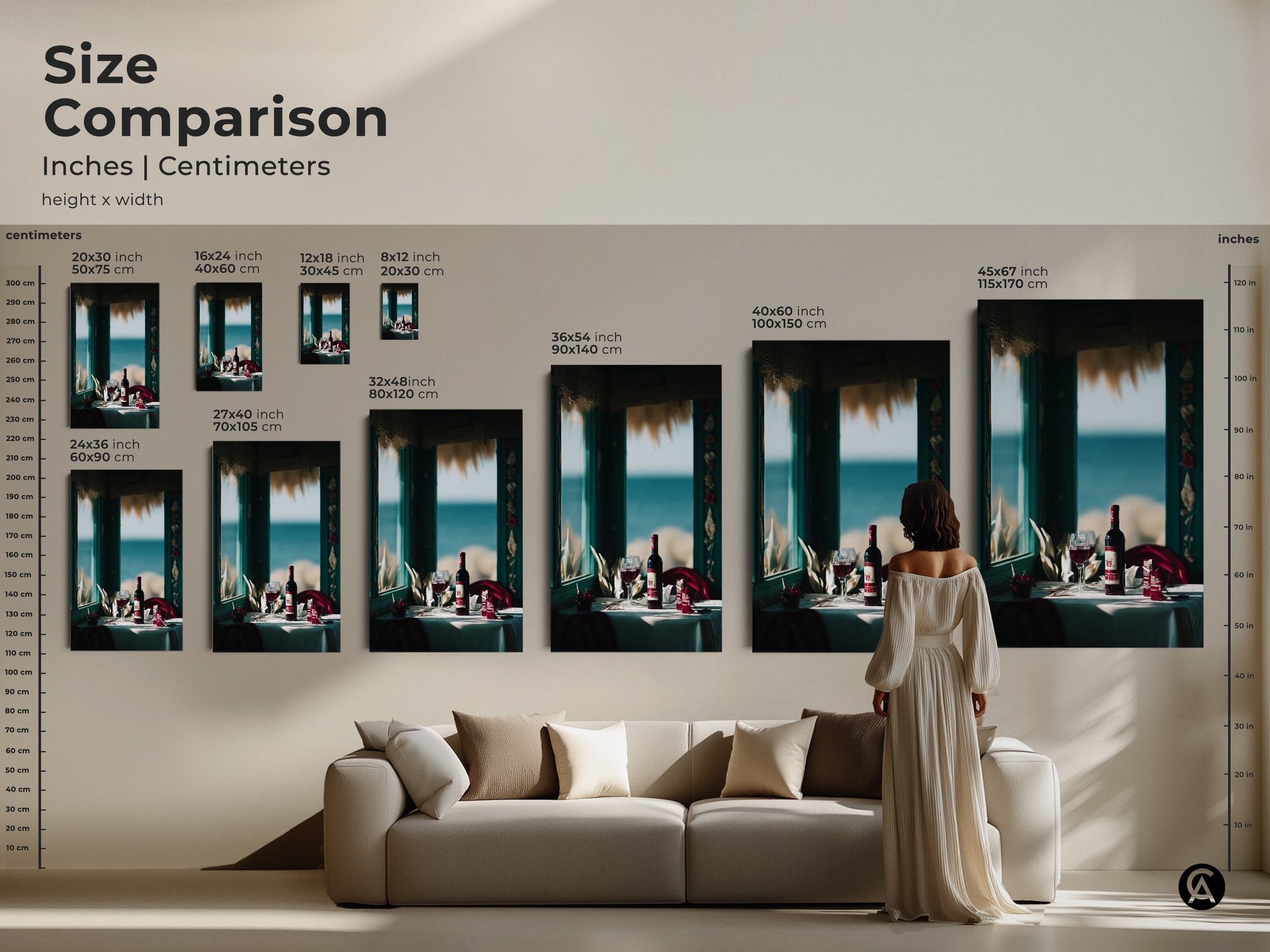Size comparison of coastal wine art prints in inches and centimeters. See how different sizes fit above a sofa. Choose from canvas or poster prints. Sizes range from small to large. Perfect for adding contemporary coastal decor to your living space and dining rooms.