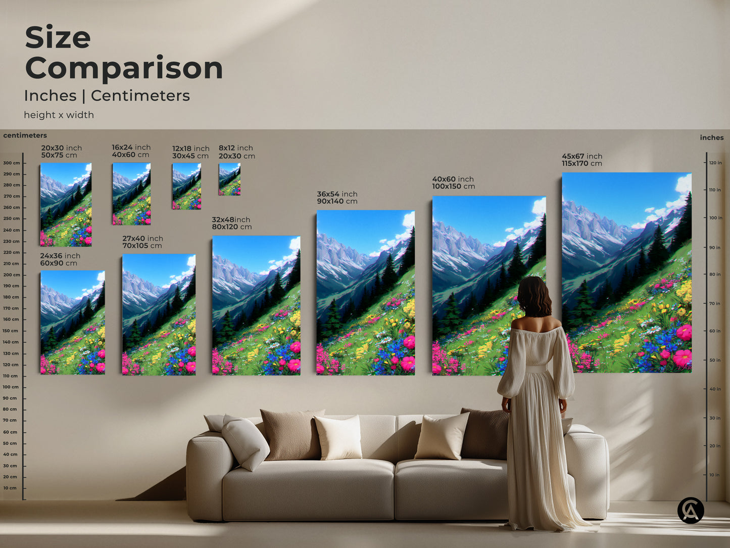 Size comparison of anime mountain landscape prints. Inches and centimeters are displayed for various art sizes. Picture how the artwork will look above a sofa to choose the perfect canvas size for your space.