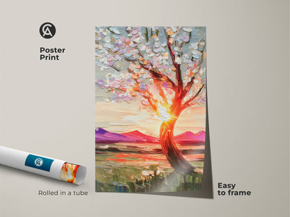 Impressionist nature artwork of a blooming tree against a sunset is showcased as a poster print. Rolled in a tube it is easy to frame adding a touch of vibrant nature decor to any space. The orange yellow and pink landscape art is perfect as boho home decoration or a gift for nature lovers.