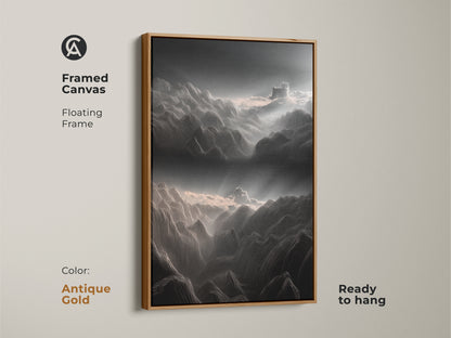 Framed canvas with floating frame in antique gold highlighting minimalist mountain line art. This dark gray and white abstract landscape is ready to hang. Modern artwork for sophisticated home decor.
