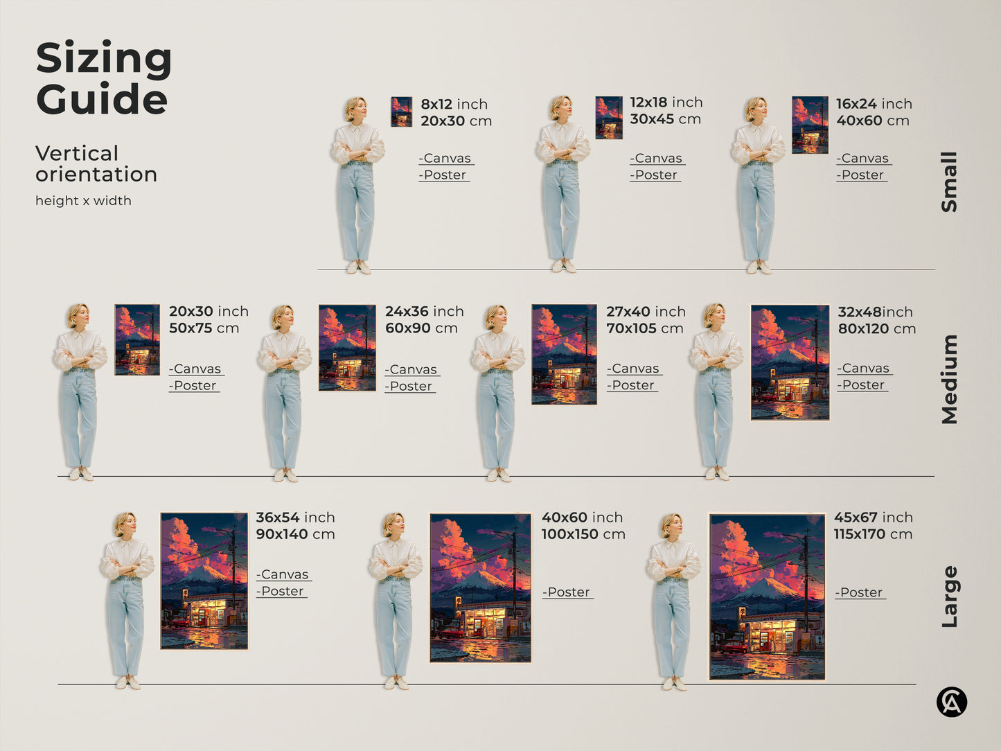 Sizing guide for retro anime wall art prints. Vertical orientation options include canvas and poster. Small medium and large sizes are available. Find the perfect fit for your space. Options range from 8x12 inches to 45x67 inches. Transform your walls today.