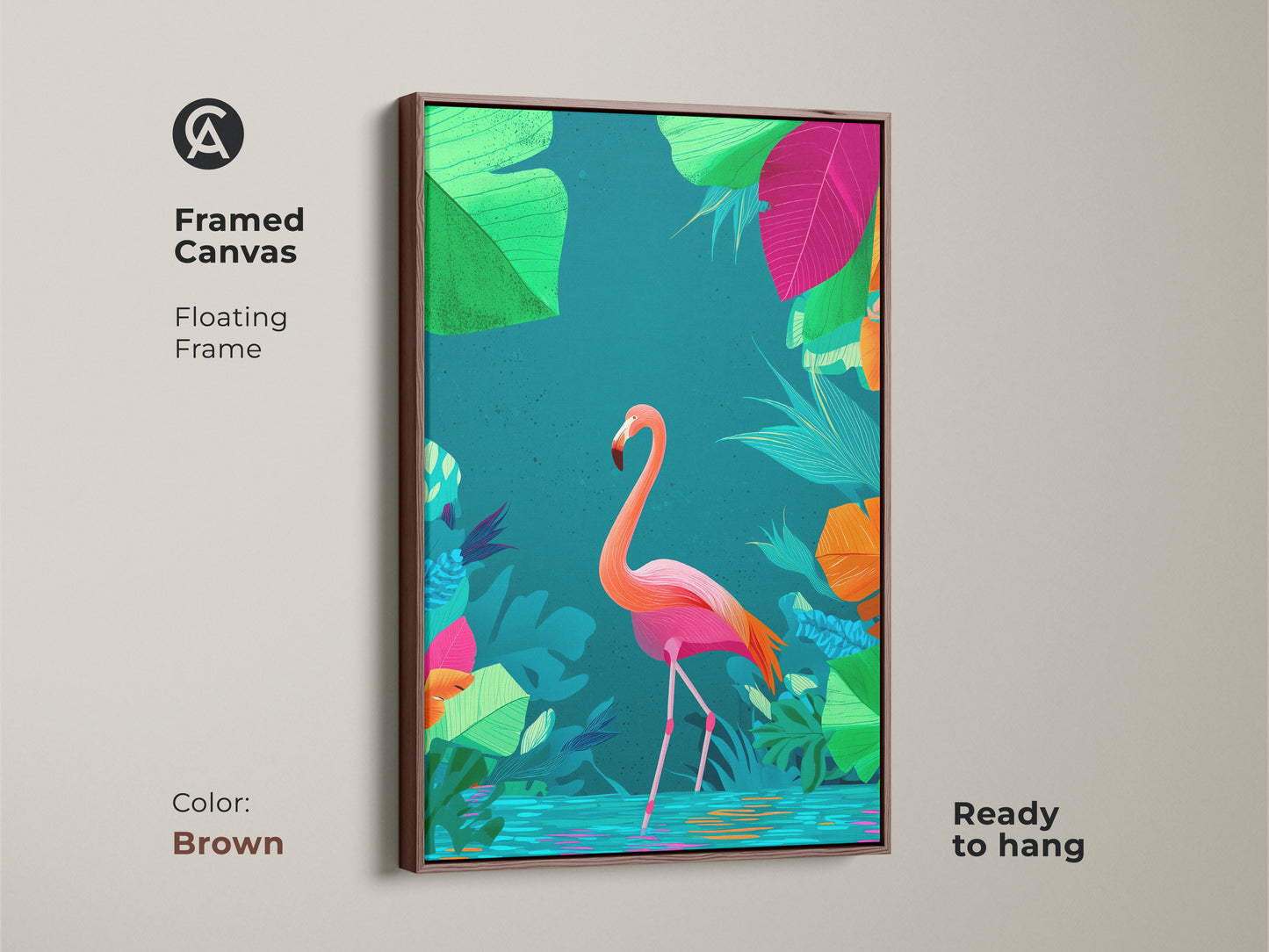 Framed canvas with a floating brown frame showcasing a flamingo artwork. This boho tropical print has pink orange and teal leaves. The nature-inspired canvas is ready to hang.