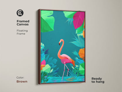 Framed canvas with a floating brown frame showcasing a flamingo artwork. This boho tropical print has pink orange and teal leaves. The nature-inspired canvas is ready to hang.
