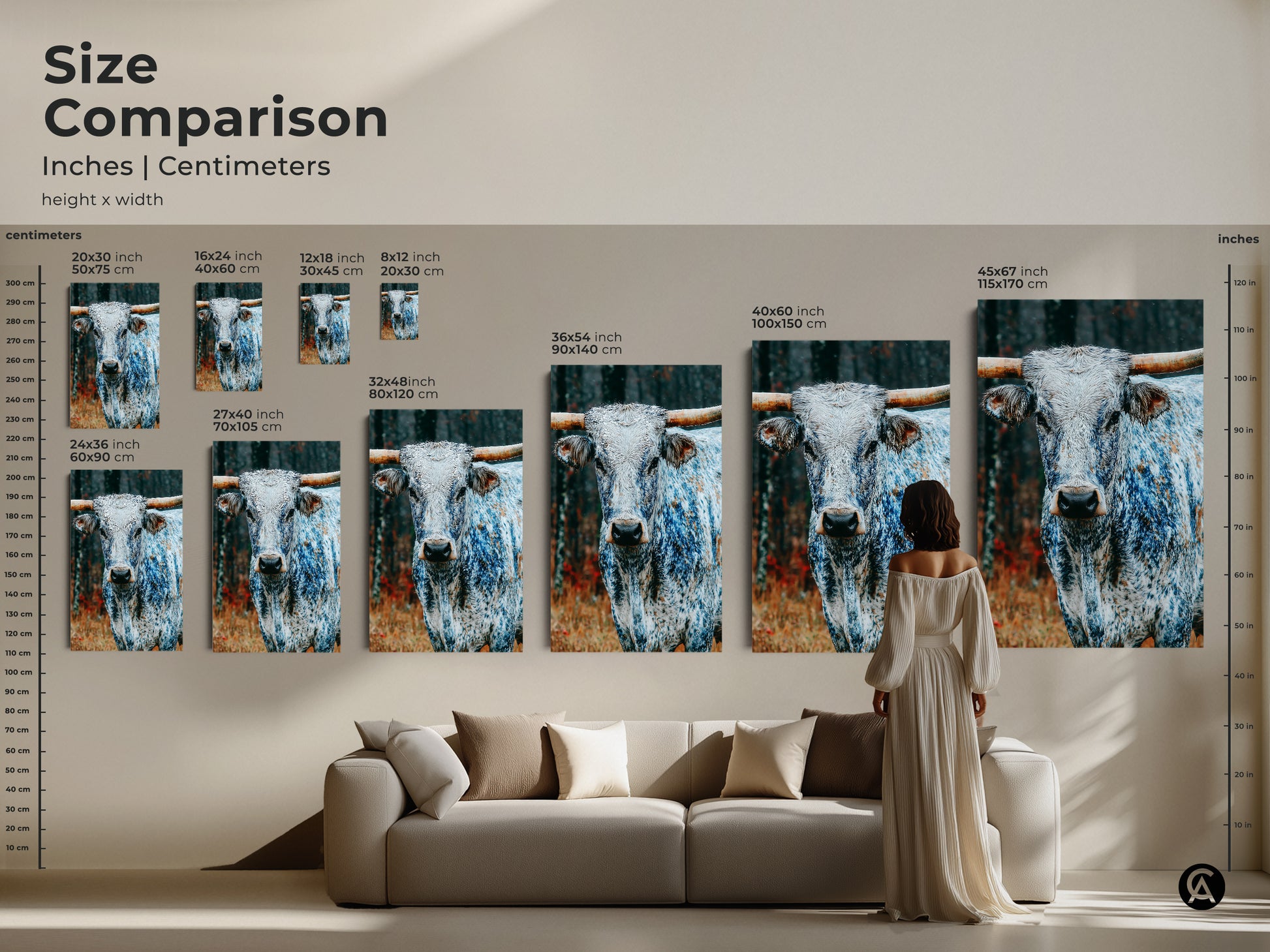 Size comparison of Longhorn artwork in inches and centimeters. See how different sizes look in a living room setting. Choose from various dimensions to suit your space. Available in canvas and poster prints.