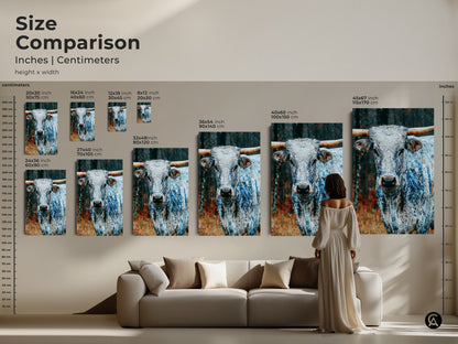 Size comparison of Longhorn artwork in inches and centimeters. See how different sizes look in a living room setting. Choose from various dimensions to suit your space. Available in canvas and poster prints.