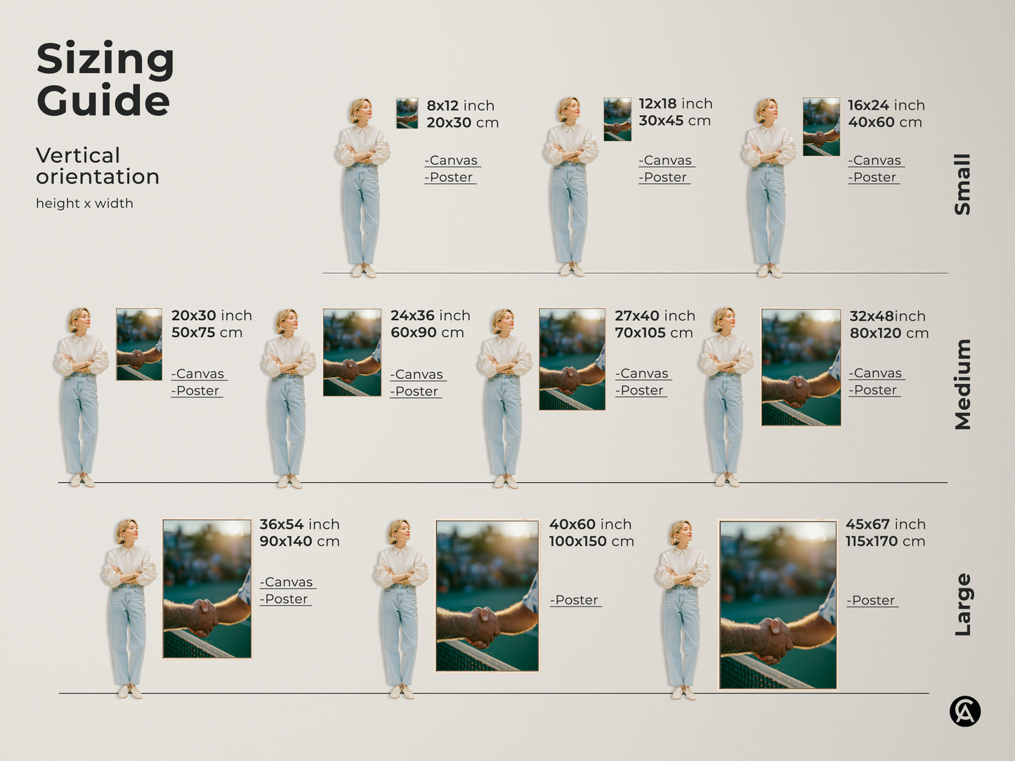 A sizing guide for vertical orientation artwork. Small options include 8x12 and 16x24 inch canvas or poster. Medium sizes are 20x30 and 27x40 inch. Large sizes are 36x54 and 45x67 inch.