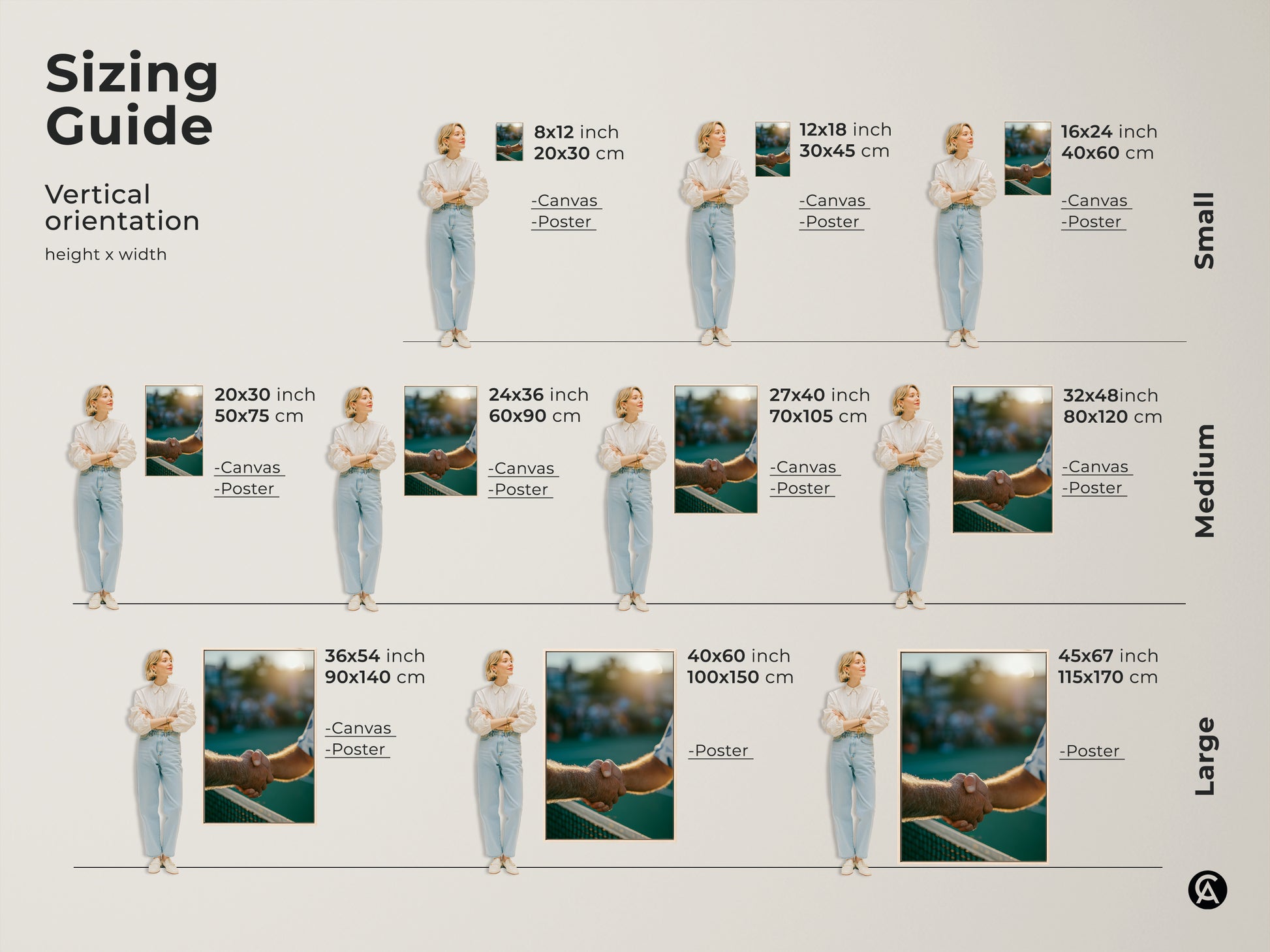 A sizing guide for vertical orientation artwork. Small options include 8x12 and 16x24 inch canvas or poster. Medium sizes are 20x30 and 27x40 inch. Large sizes are 36x54 and 45x67 inch.