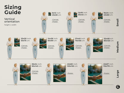 A sizing guide for vertical orientation artwork. Small options include 8x12 and 16x24 inch canvas or poster. Medium sizes are 20x30 and 27x40 inch. Large sizes are 36x54 and 45x67 inch.