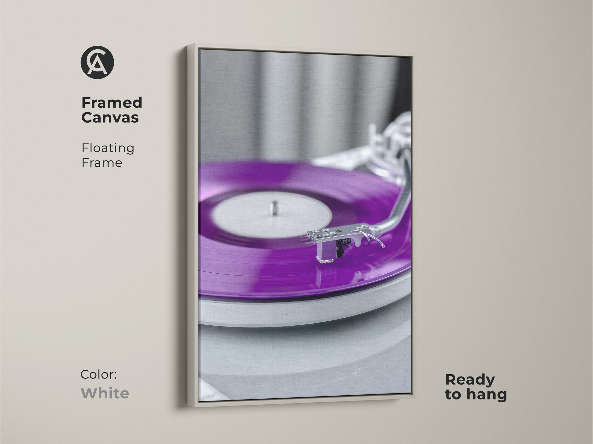Framed canvas with a white floating frame. The artwork features a purple vinyl record. This turntable canvas print is ready to hang. It's a minimalist music decor piece. Ideal for home office music art.