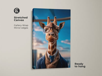 Transform your space with the Dapper Giraffe Canvas Print. An animal lover gift art it adds eclectic charm to any room. This tan brown and blue giraffe artwork is a sophisticated animal portrait. Unique office wall art that’s sure to impress. Ready to hang for instant elegance.