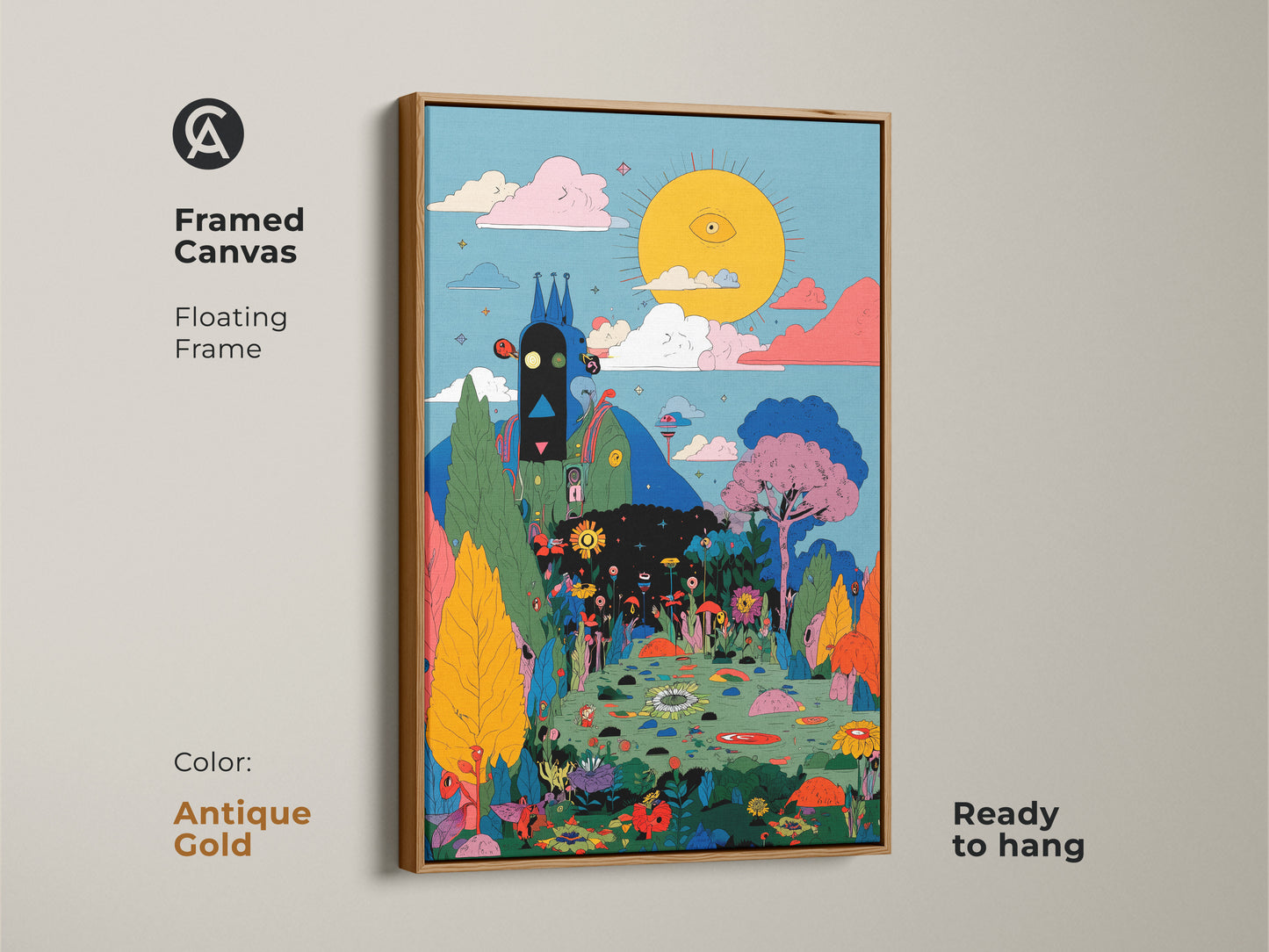 Framed Canvas in Antique Gold floating frame featuring the Eye See You art. The illustration shows a sun with an eye watching over a colorful landscape. This framed canvas is ready to hang. Buy yours today.