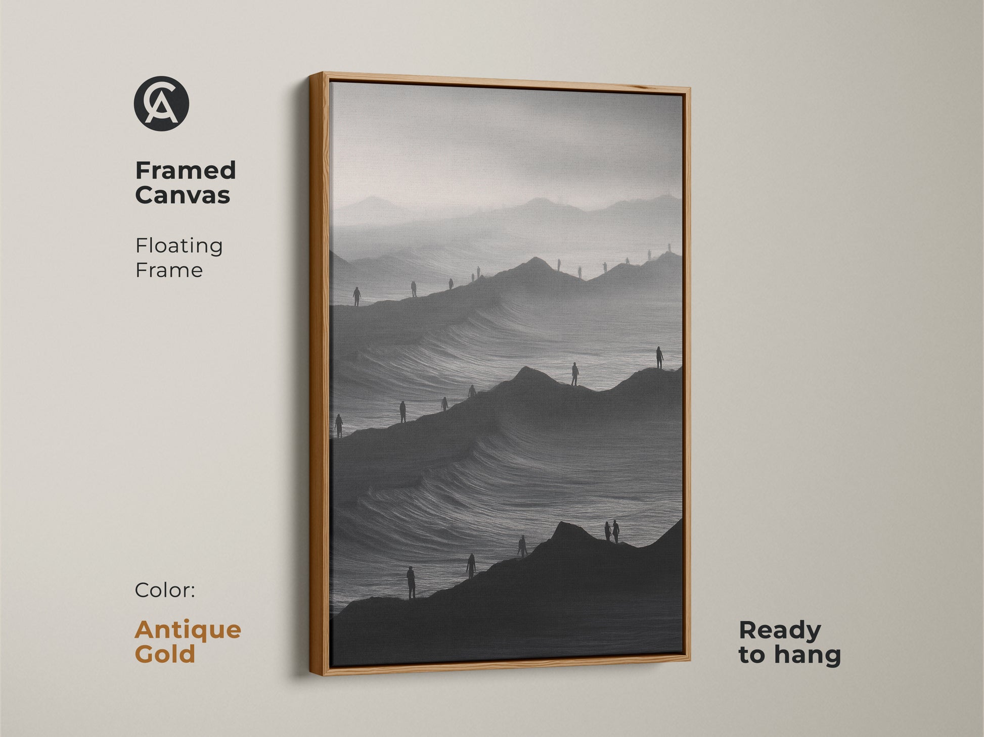 Antique gold framed canvas displaying surreal mountain waves art. This minimalist people landscape is perfect for contemporary decor. The monochrome print is ready to hang. This shadow figure art adds sophistication.