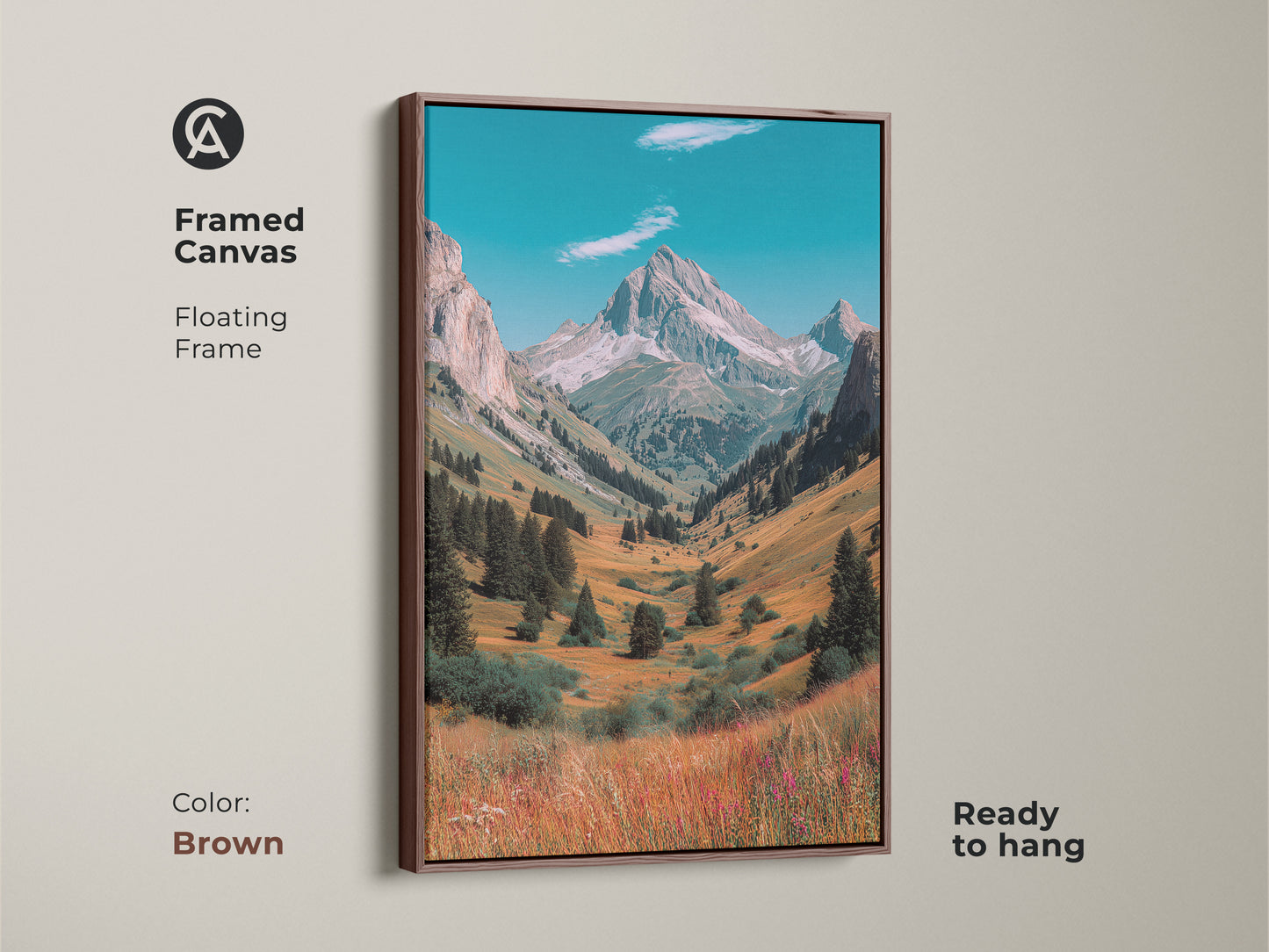 Framed mountain valley canvas art with a brown floating frame. This ready to hang artwork brings the beauty of the outdoors inside. The landscape art highlights the majestic mountain scenery.