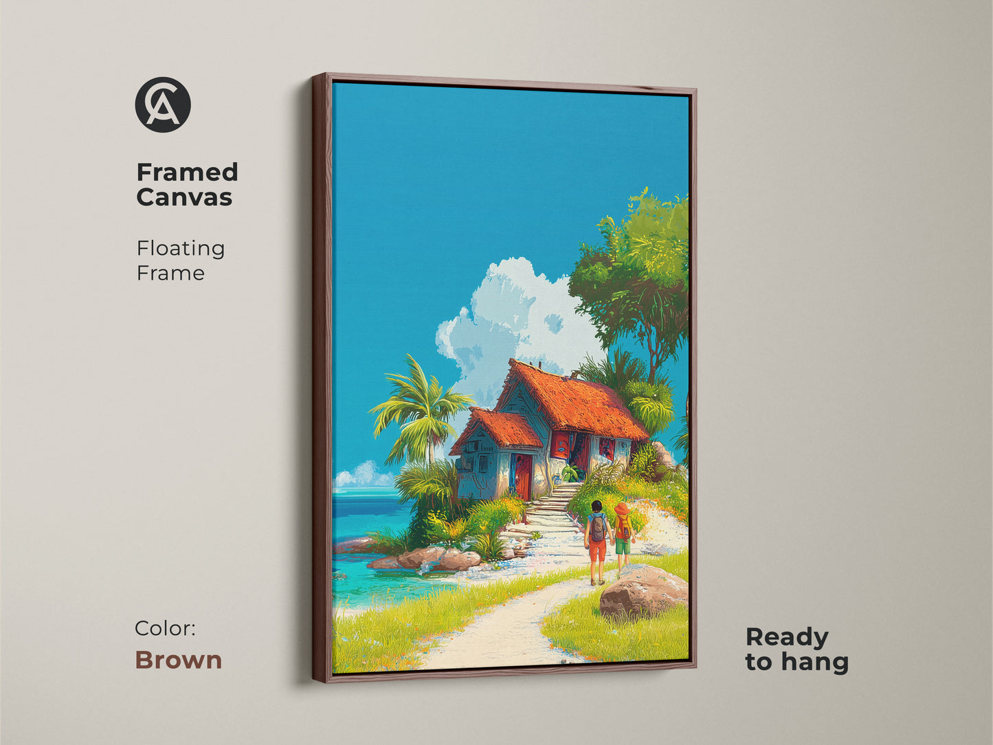 Framed canvas art in a brown floating frame. This artwork features a tropical beach house scene with vibrant colors. Ready to hang. The palm trees and blue sky create a serene atmosphere. Add this framed artwork to your home today.