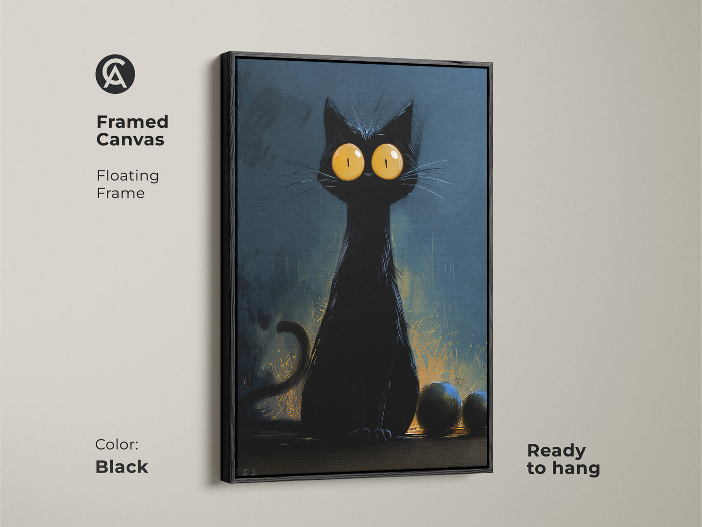 Framed canvas of a black cat with yellow eyes. This gothic home decor art is ready to hang. The floating frame enhances the dark blue canvas print. Perfect for cat moms and lovers of Halloween art.
