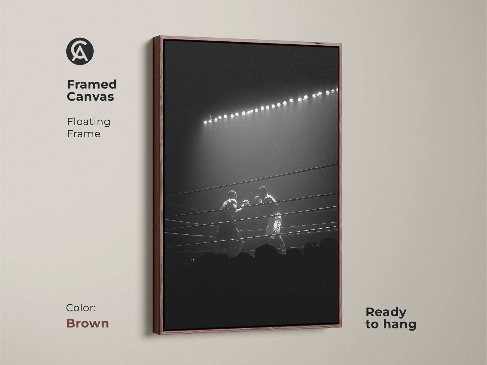 A framed canvas in brown displays black and white boxing artwork. It includes a floating frame and arrives ready to hang. This vintage boxing art print suits any space a fighter may occupy.