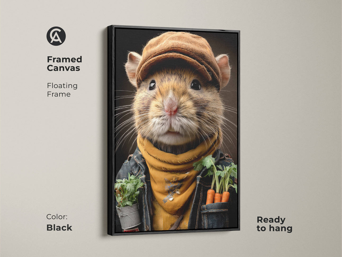 Framed canvas with a floating frame showing a realistic mouse gardener. Black frame enhances the golden yellow and brown tones. This cute animal painting is ready to hang in your home office or entryway. An ideal gift for nature lovers seeking eclectic wall decor.