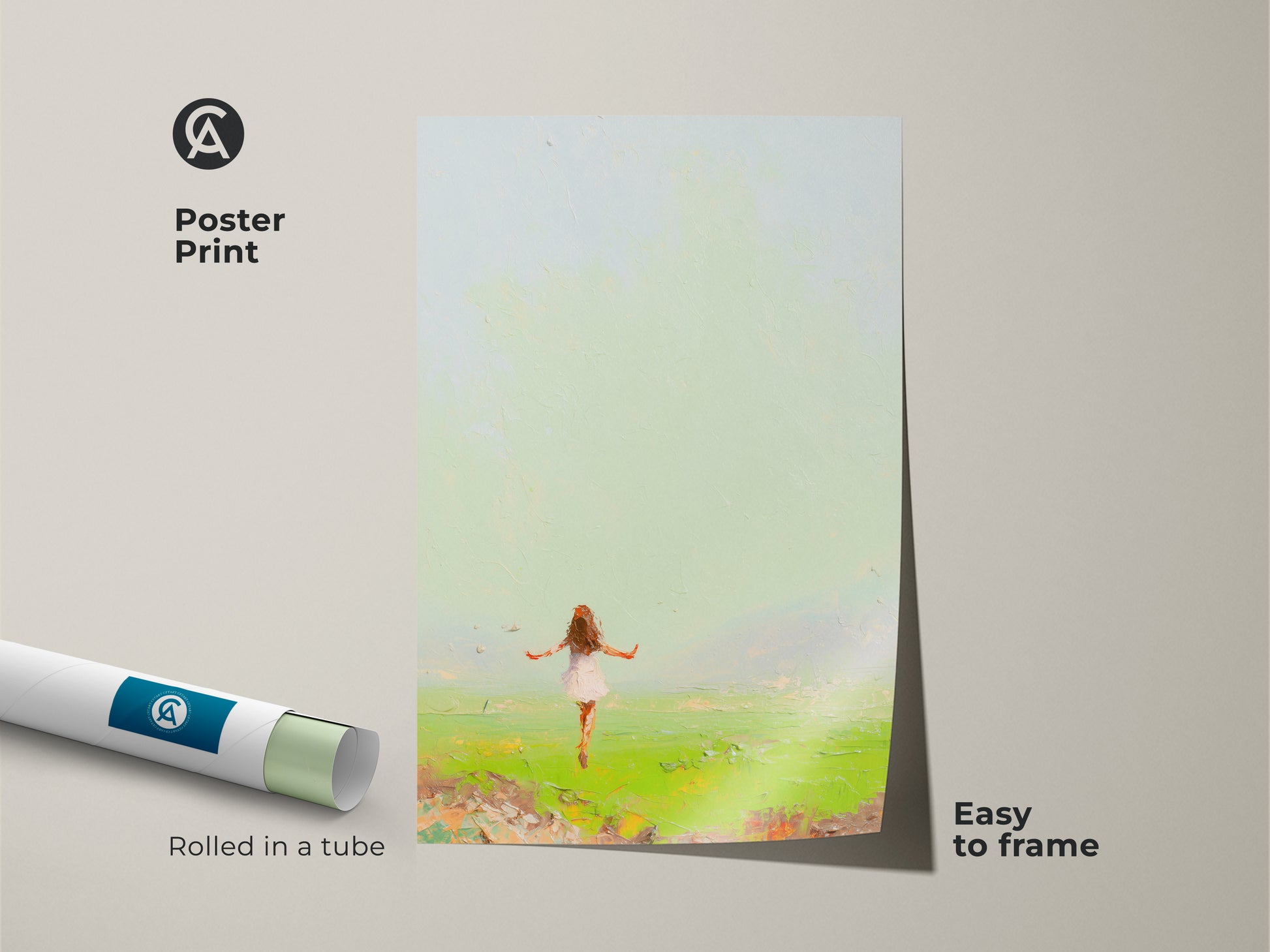 Add a touch of nature's wonder to your home with this Emerald Green landscape painting. This poster print features an expressive girl in a field under a soft sky. The impressionistic art print is easy to frame. It is perfect for nature lovers and dreamers. Rolled in a tube for protection.