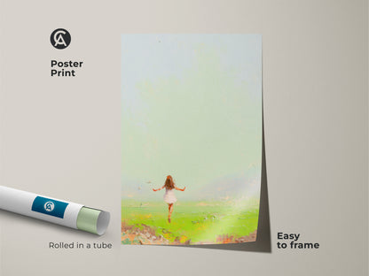 Add a touch of nature's wonder to your home with this Emerald Green landscape painting. This poster print features an expressive girl in a field under a soft sky. The impressionistic art print is easy to frame. It is perfect for nature lovers and dreamers. Rolled in a tube for protection.